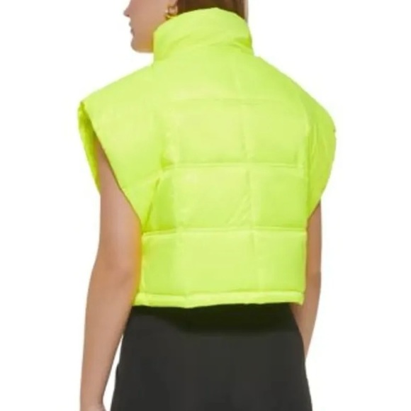 ❇️Calvin Klein❇️ Cropped Mock-Neck Zip-Up Puffer Vest In Neon Green  Size M - Picture 3 of 9